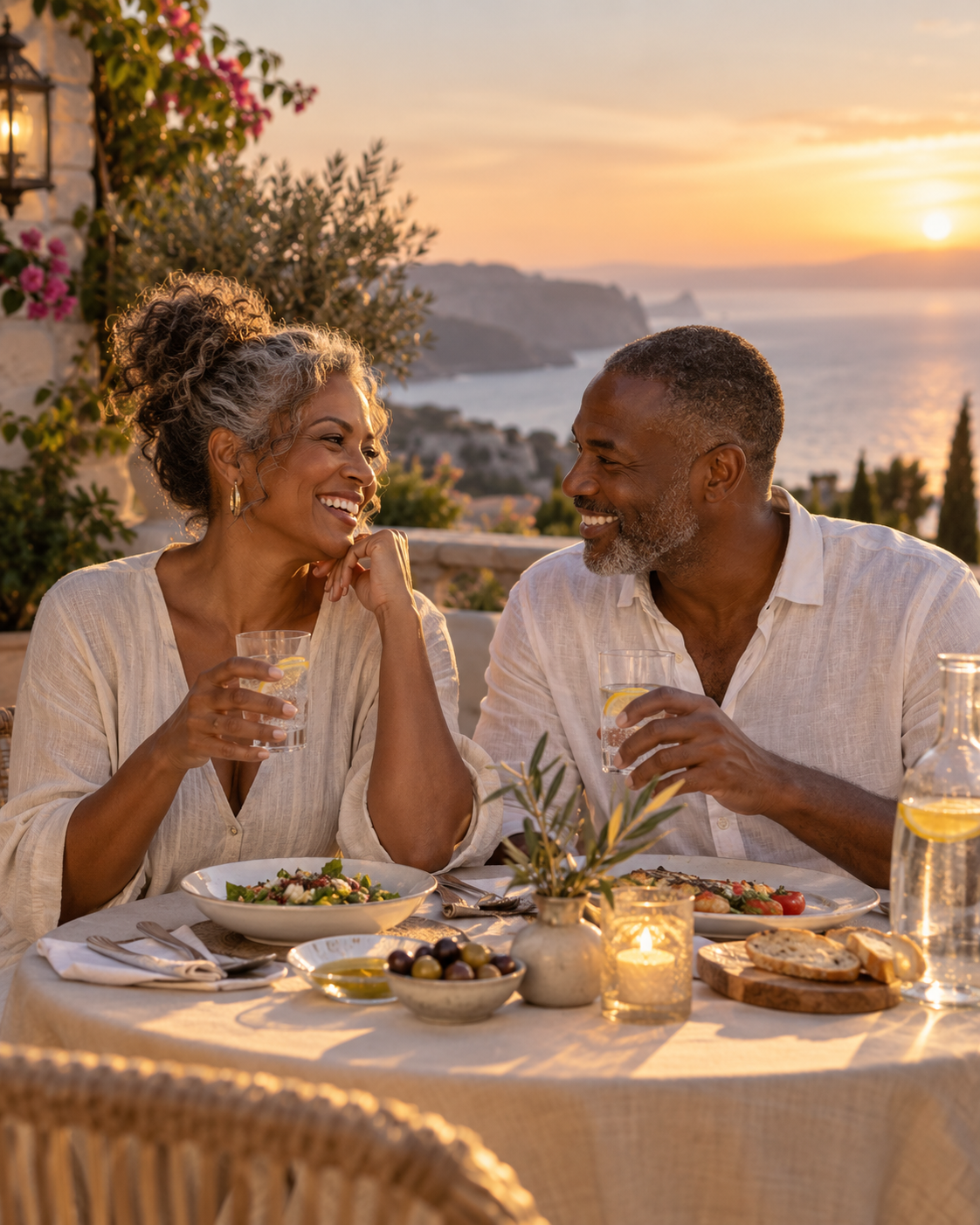 A mature couple enjoying dinner together on a seaside terrace.